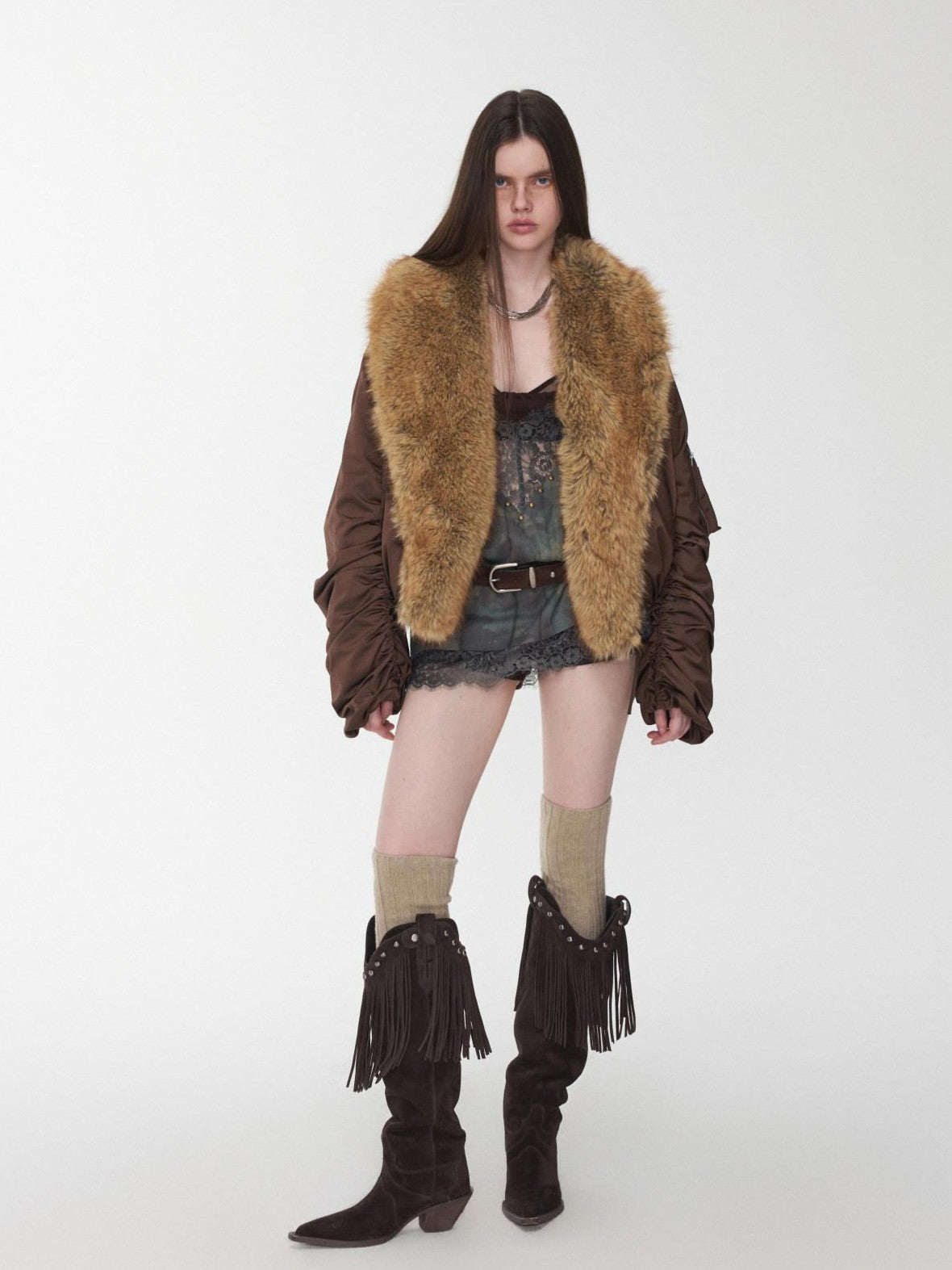 1JINN STUDIO Vintage Workwear Pleated Sleeve Contrast Fur Collar Women&