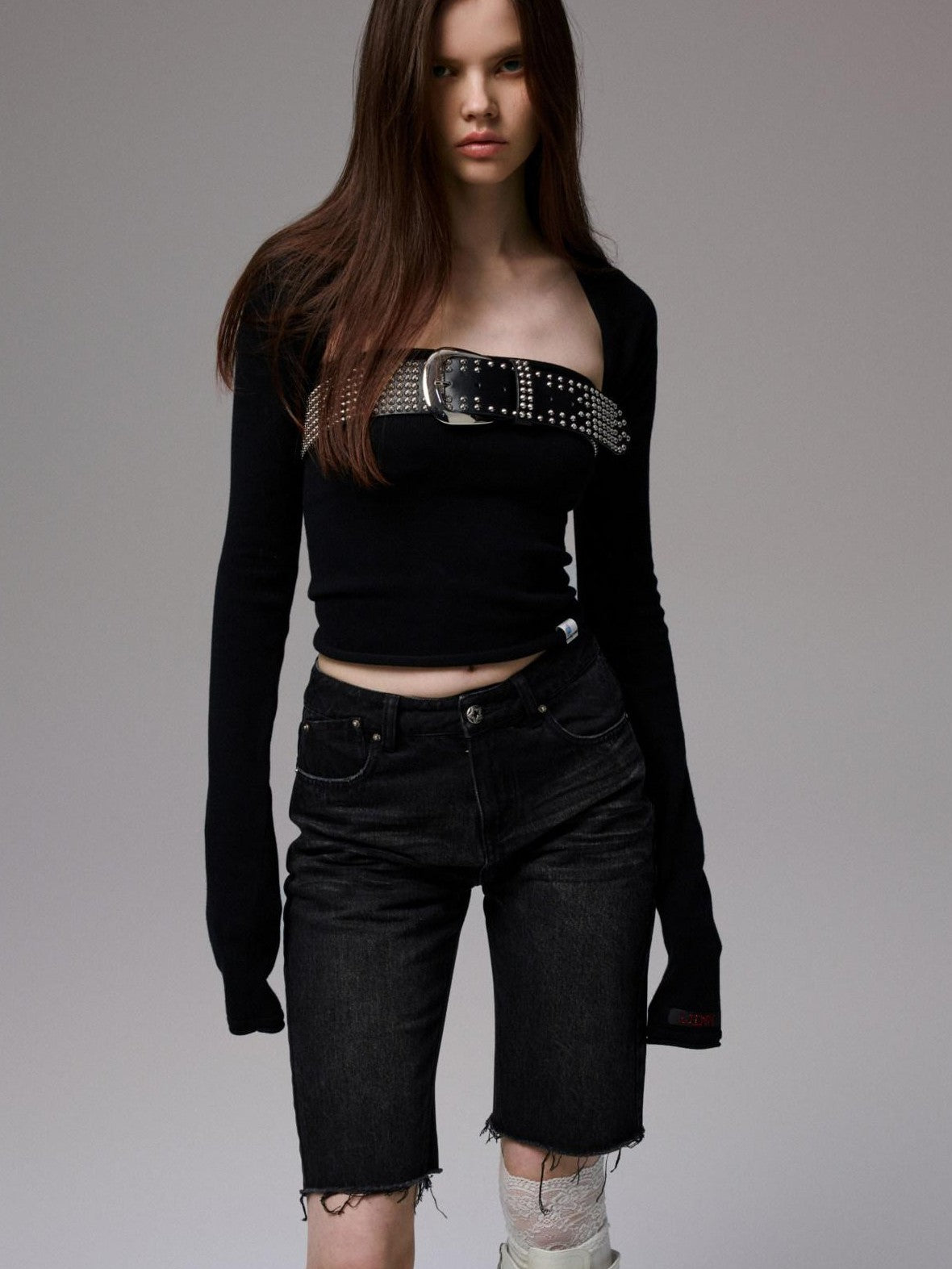 1JINN STUDIO Washed Black Distressed Embroidered Women&
