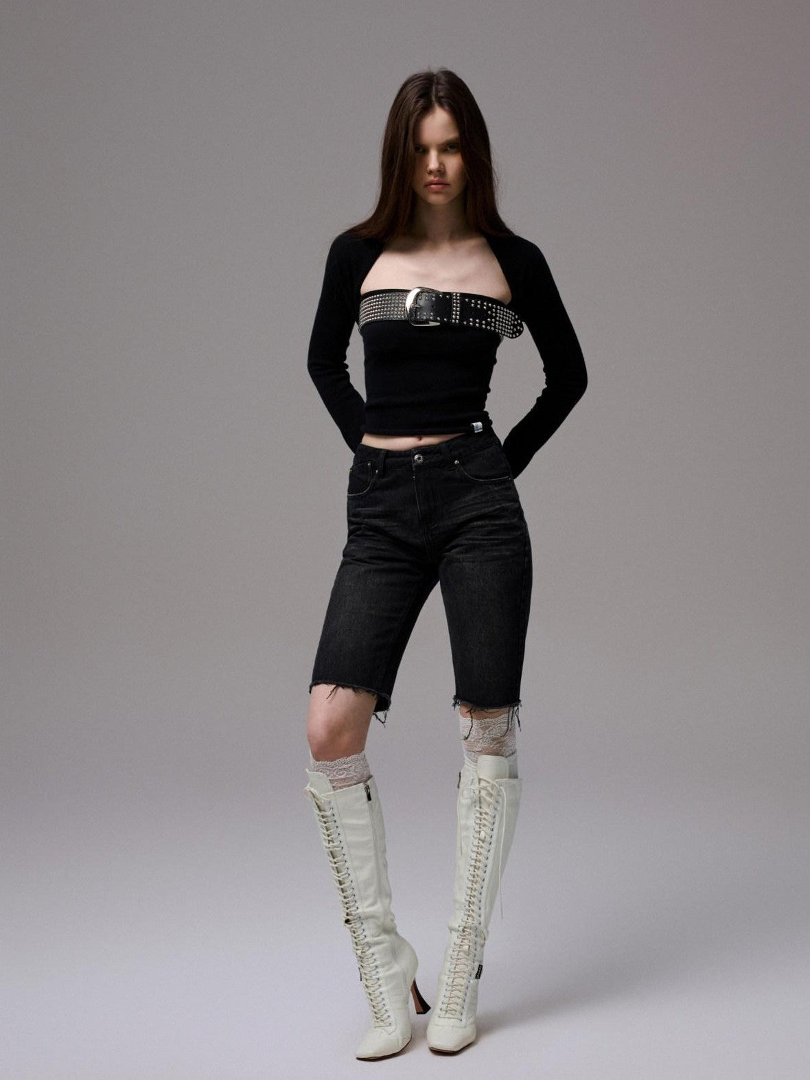 1JINN STUDIO Washed Black Distressed Embroidered Women&