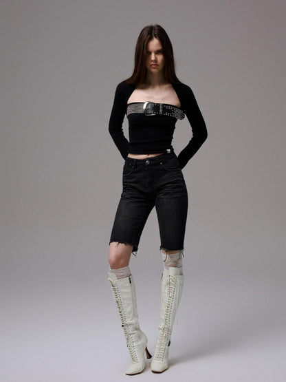 1JINN STUDIO Washed Black Distressed Embroidered Women&