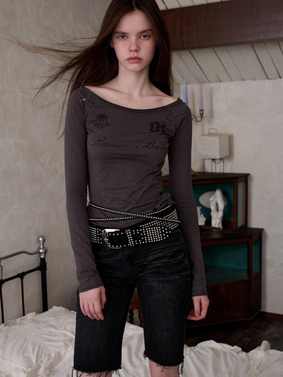 1JINN STUDIO Washed Black Distressed Embroidered Women&