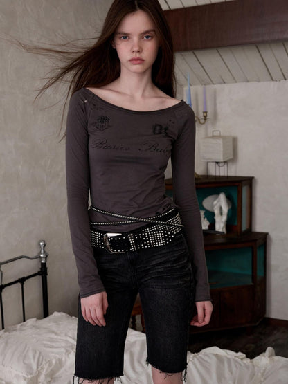 1JINN STUDIO Washed Black Distressed Embroidered Women&