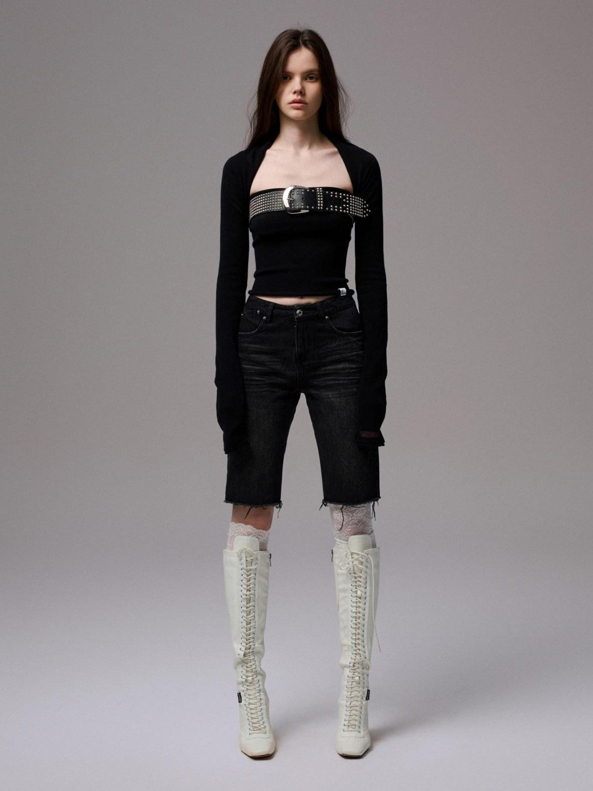 1JINN STUDIO Washed Black Distressed Embroidered Women&