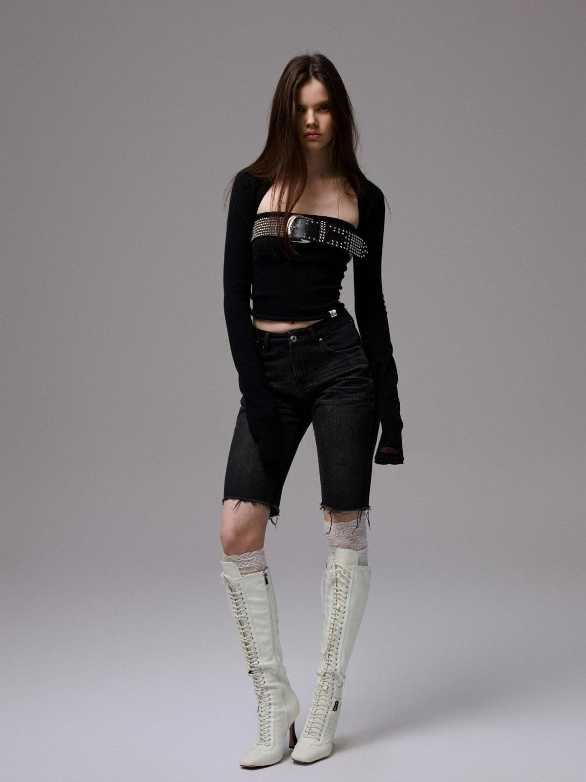 1JINN STUDIO Washed Black Distressed Embroidered Women&