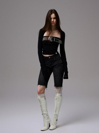 1JINN STUDIO Washed Black Distressed Embroidered Women&