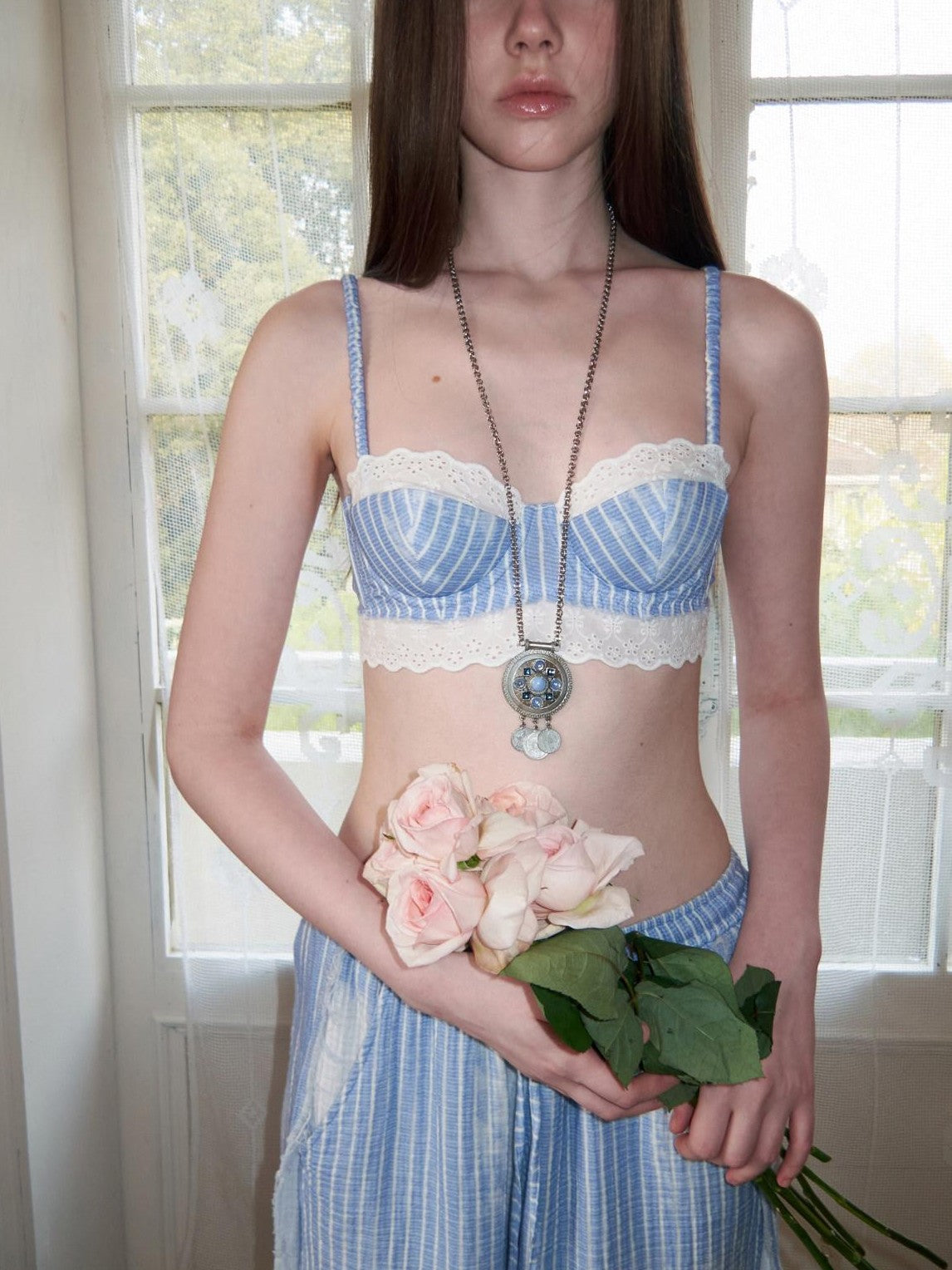 1JINN STUDIO Washed Blue Striped French Lace Soft Underwire Women&