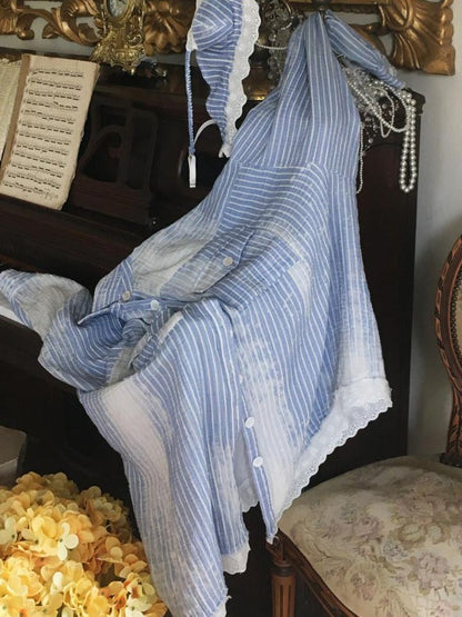 1JINN STUDIO Washed Blue Striped French Lace Soft Underwire Women&