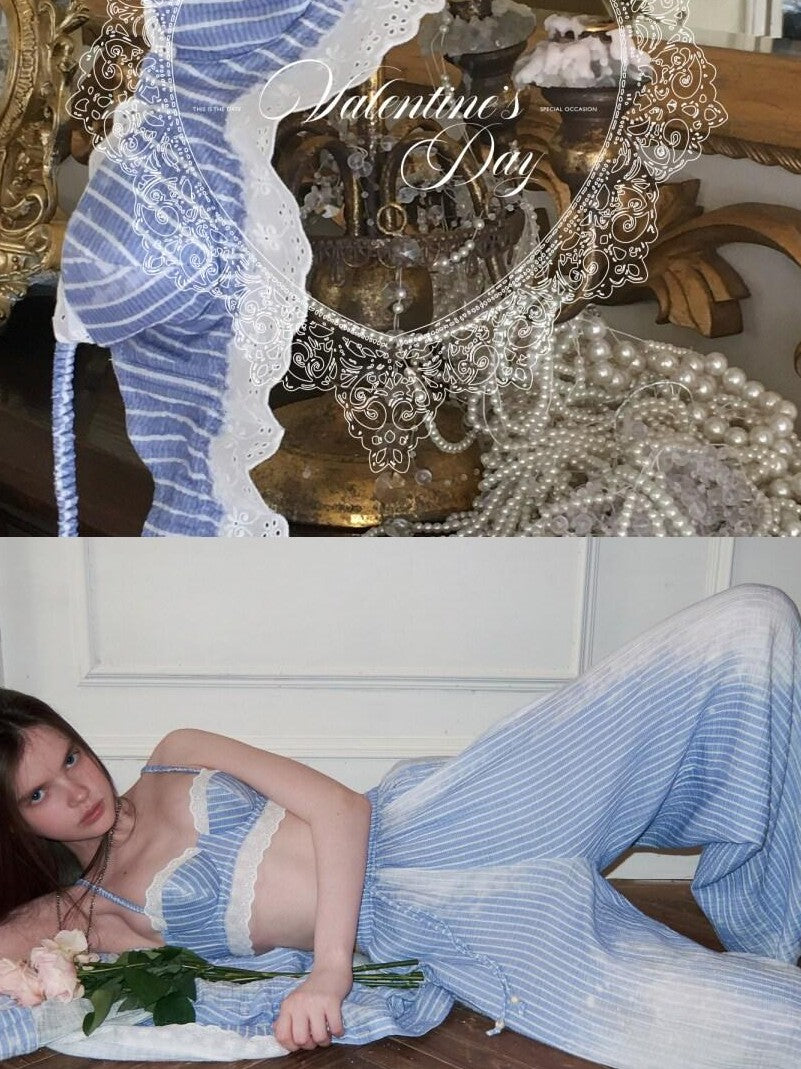 1JINN STUDIO Washed Blue Striped French Lace Soft Underwire Women&