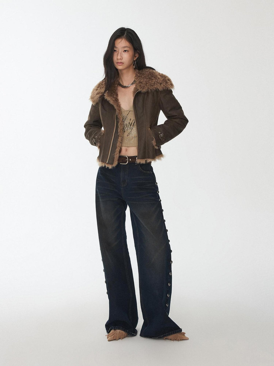 1JINN STUDIO Washed Crackle Leather Fur Collar Lapel Women&