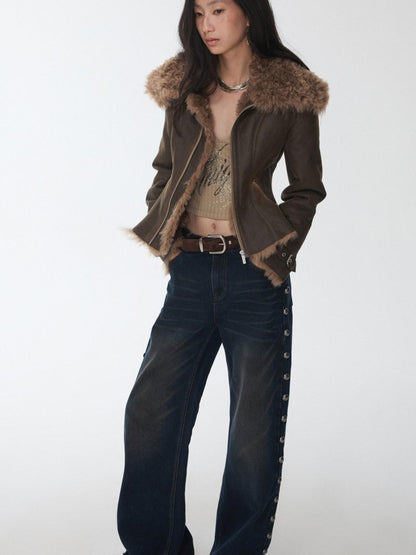 1JINN STUDIO Washed Crackle Leather Fur Collar Lapel Women&