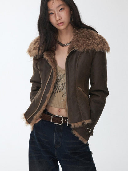 1JINN STUDIO Washed Crackle Leather Fur Collar Lapel Women&