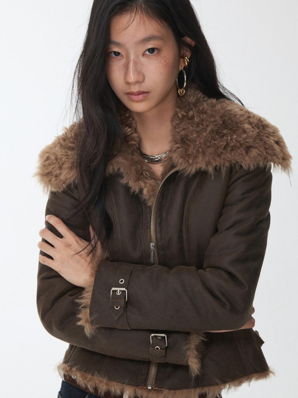 1JINN STUDIO Washed Crackle Leather Fur Collar Lapel Women&