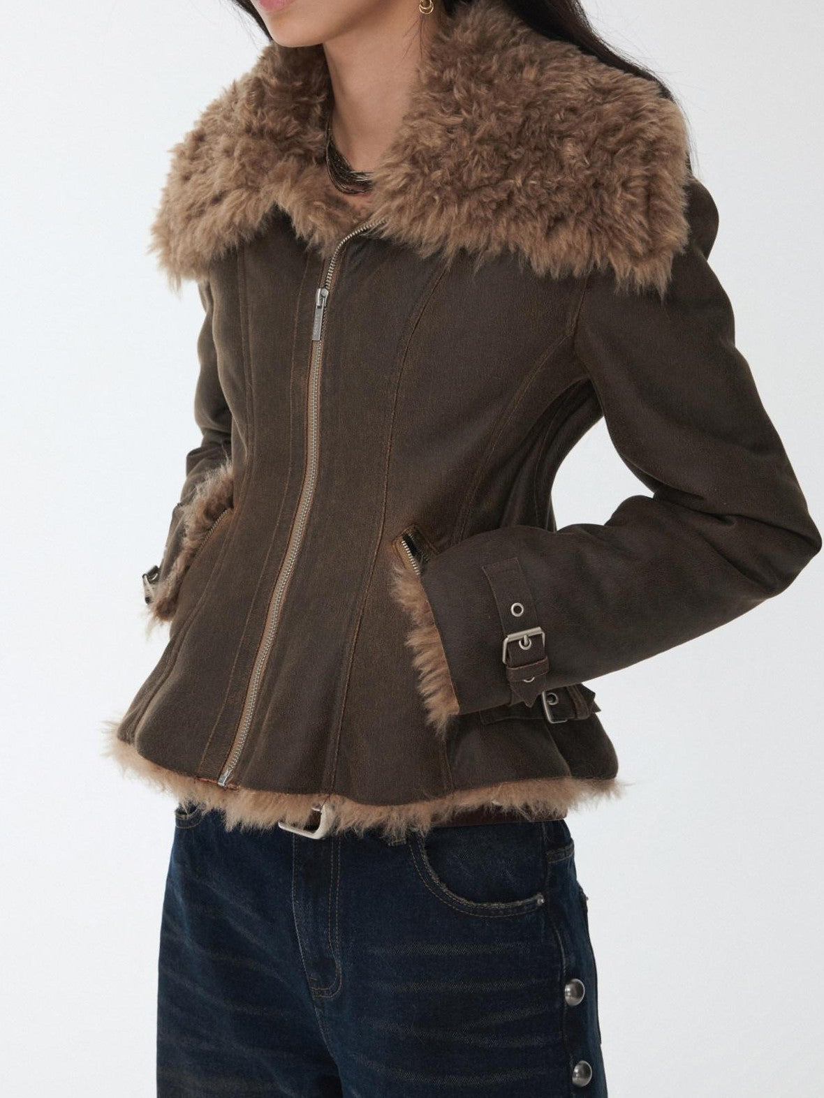 1JINN STUDIO Washed Crackle Leather Fur Collar Lapel Women&
