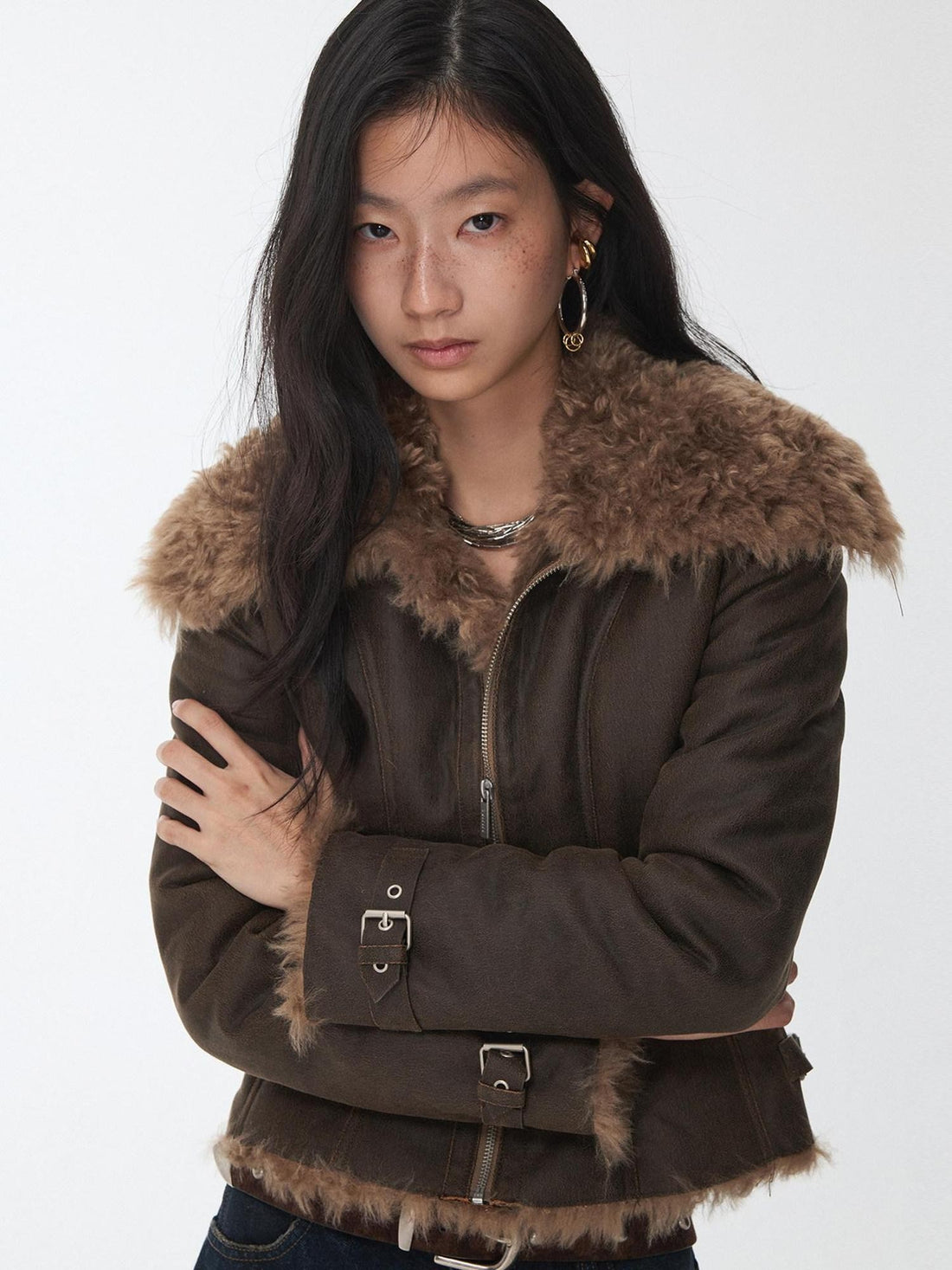 1JINN STUDIO Washed Crackle Leather Fur Collar Lapel Women&