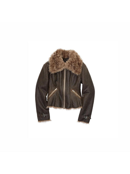 1JINN STUDIO Washed Crackle Leather Fur Collar Lapel Women&