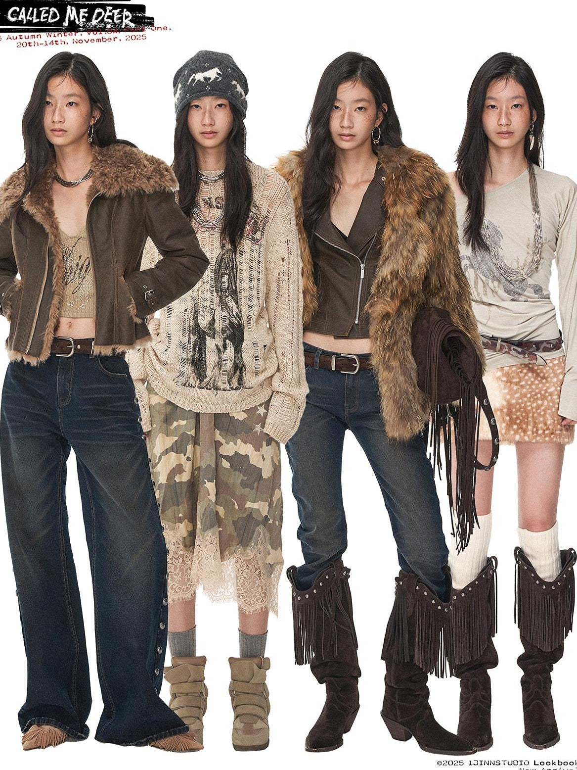 1JINN STUDIO Washed Crackle Leather Fur Collar Lapel Women&