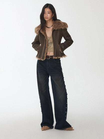 1JINN STUDIO Washed Crackle Leather Fur Collar Lapel Women&