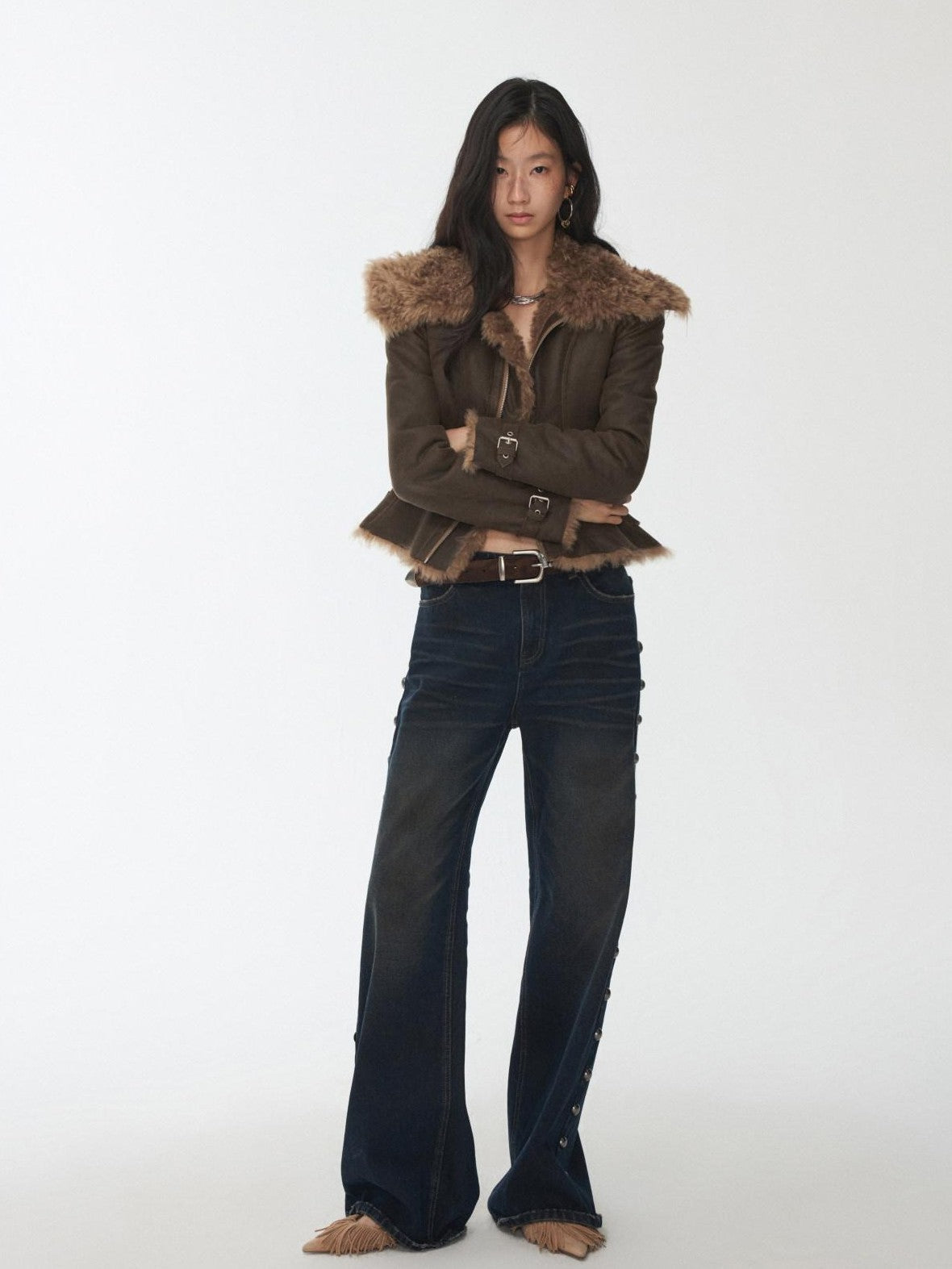 1JINN STUDIO Washed Crackle Leather Fur Collar Lapel Women&