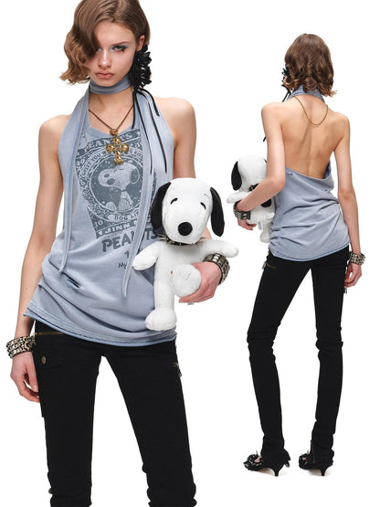 1JINN STUDIO Washed Distressed Print Tie Backless Women&