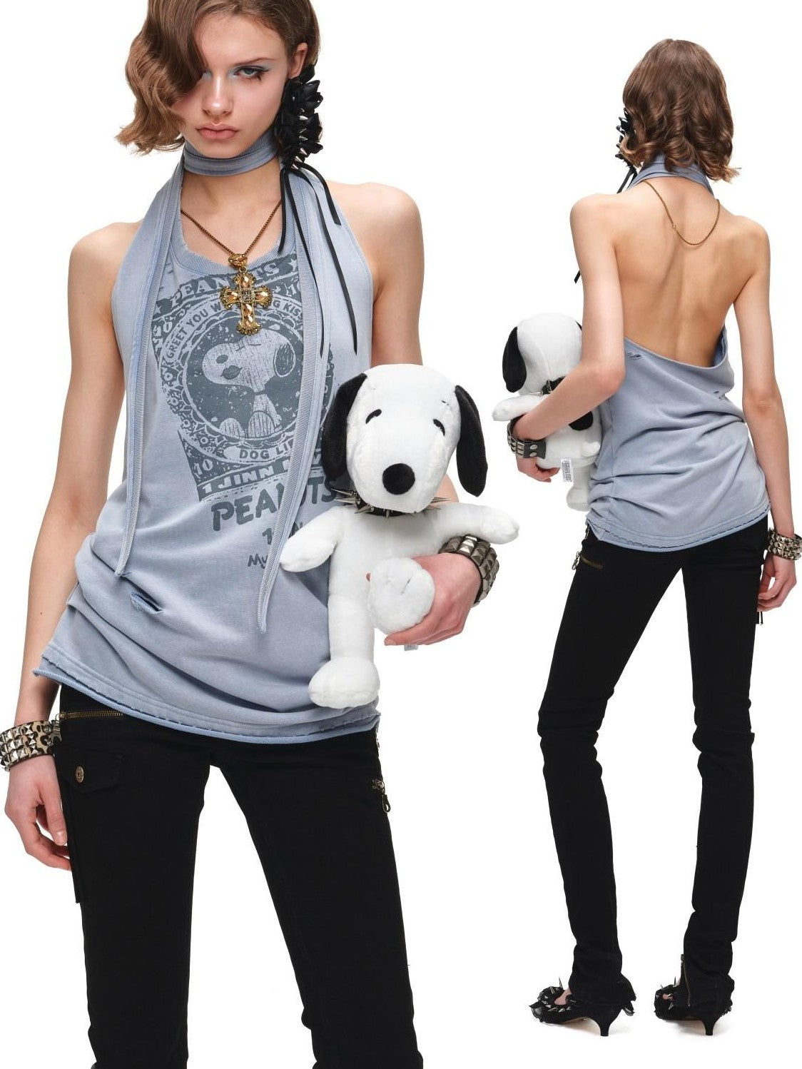 1JINN STUDIO Washed Distressed Print Tie Backless Women&