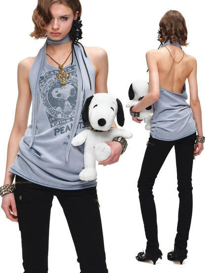 1JINN STUDIO Washed Distressed Print Tie Backless Women&