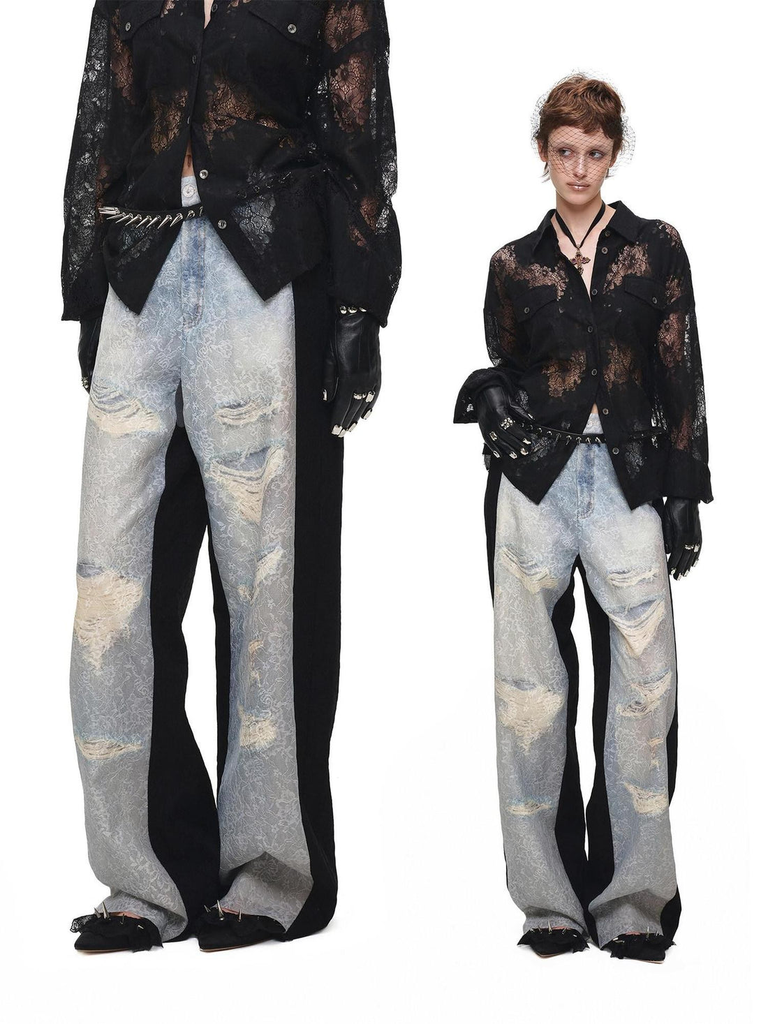 1JINN STUDIO Washed Distressed Spray Print Lace Mid Rise Women&