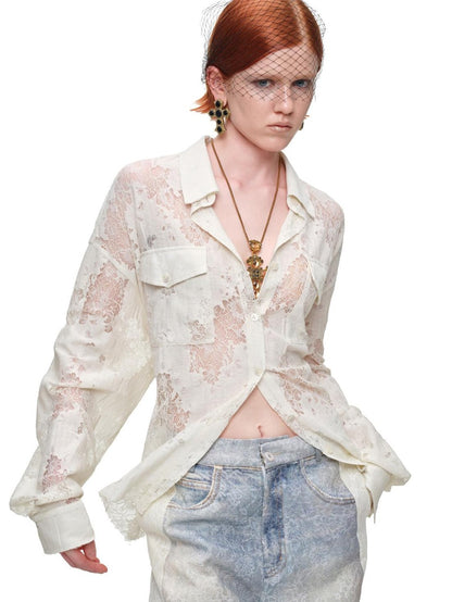 1JINN STUDIO Washed Distressed Spray Print Lace Mid Rise Women&