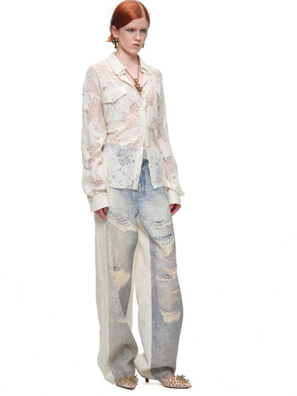 1JINN STUDIO Washed Distressed Spray Print Lace Mid Rise Women&