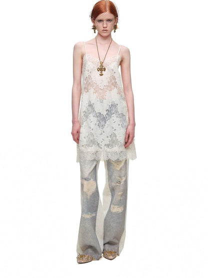1JINN STUDIO Washed Distressed Spray Print Lace Mid Rise Women&