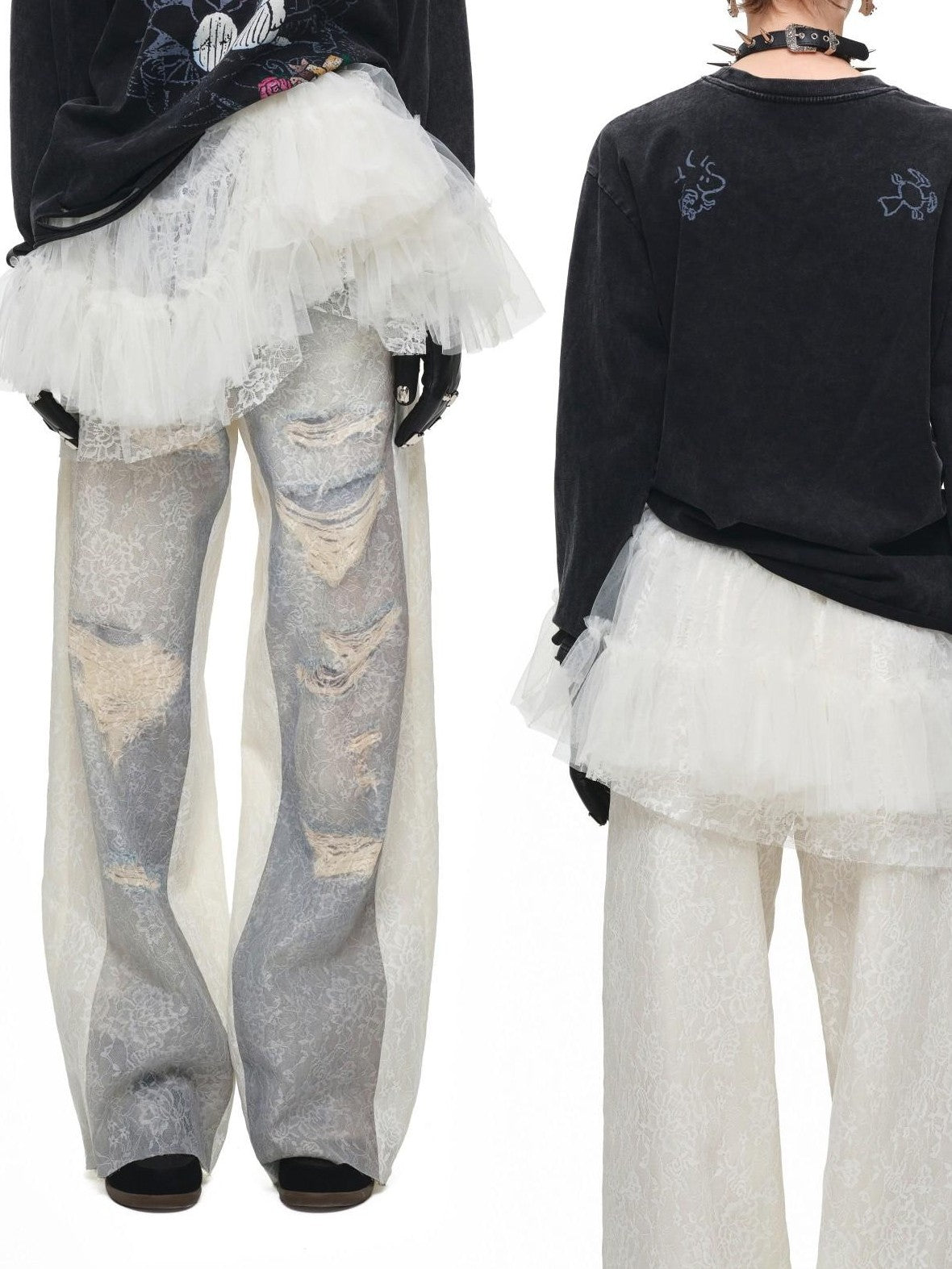 1JINN STUDIO Washed Distressed Spray Print Lace Mid Rise Women&