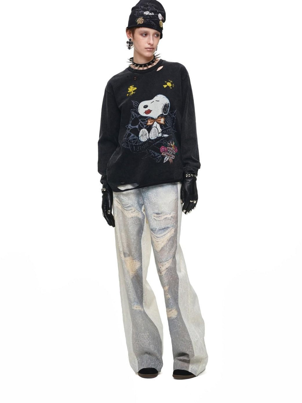 1JINN STUDIO Washed Distressed Spray Print Lace Mid Rise Women&