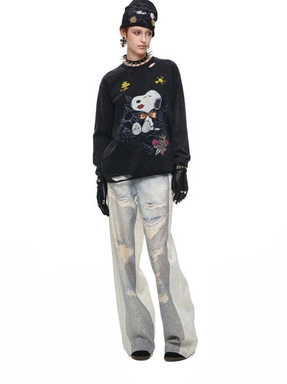 1JINN STUDIO Washed Distressed Spray Print Lace Mid Rise Women&