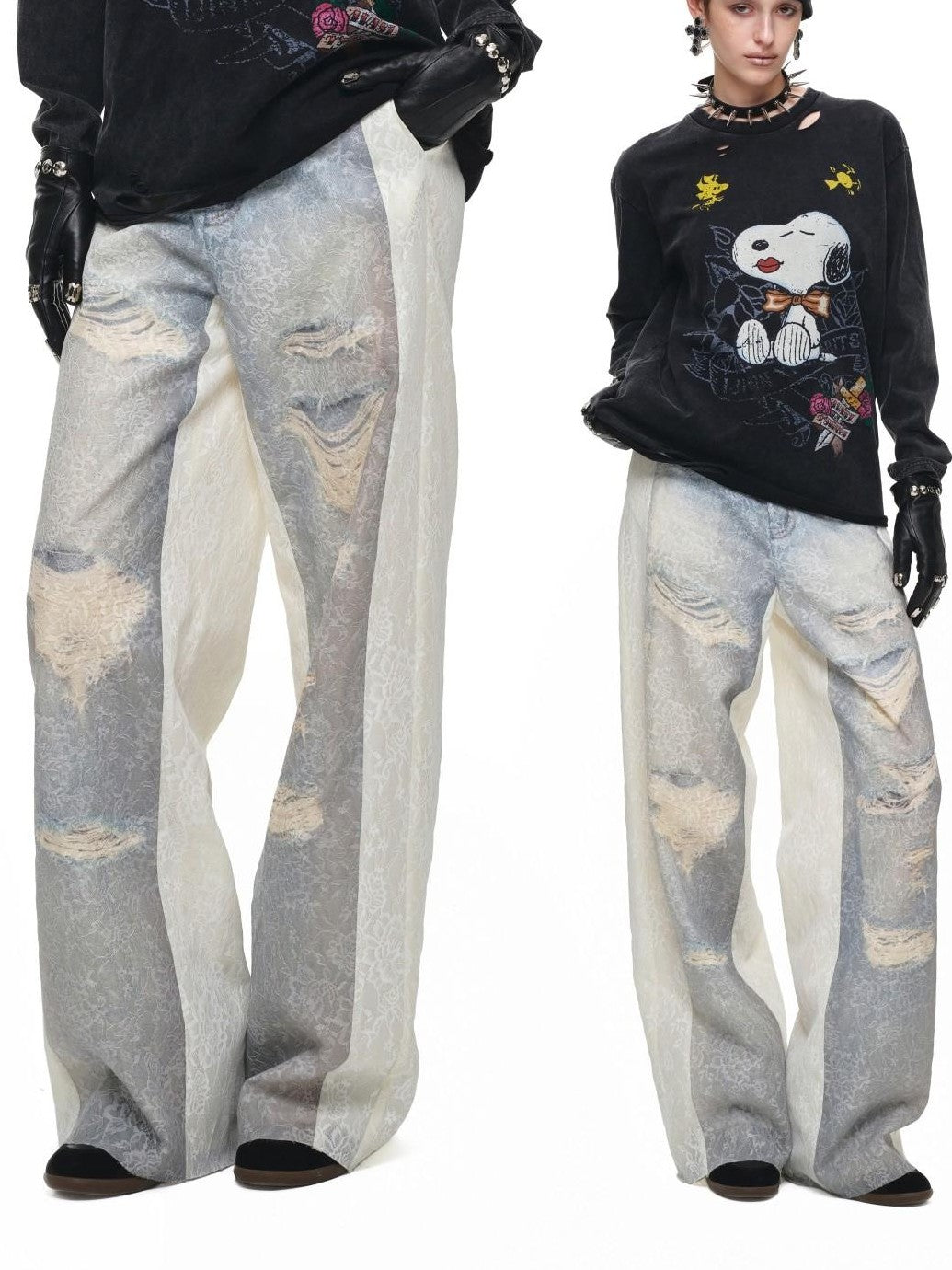 1JINN STUDIO Washed Distressed Spray Print Lace Mid Rise Women&