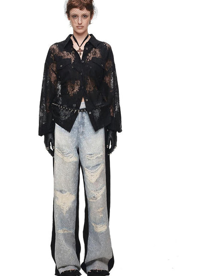 1JINN STUDIO Washed Distressed Spray Print Lace Mid Rise Women&