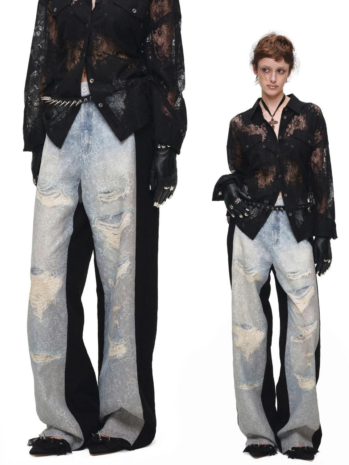 1JINN STUDIO Washed Distressed Spray Print Lace Mid Rise Women&