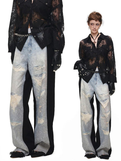 1JINN STUDIO Washed Distressed Spray Print Lace Mid Rise Women&