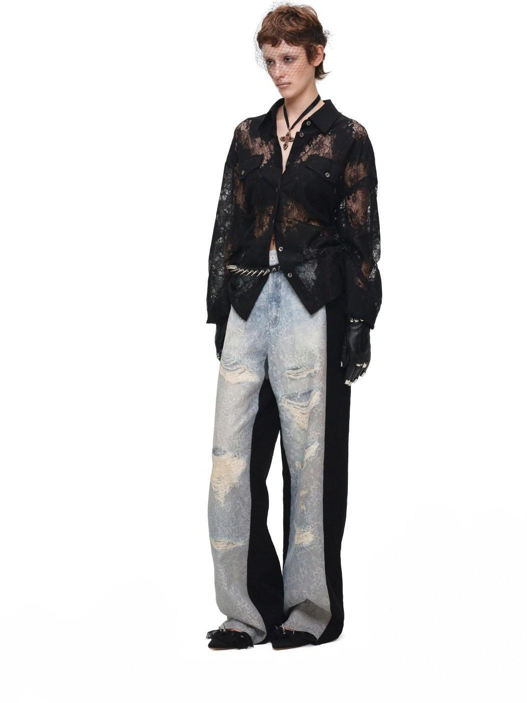 1JINN STUDIO Washed Distressed Spray Print Lace Mid Rise Women&