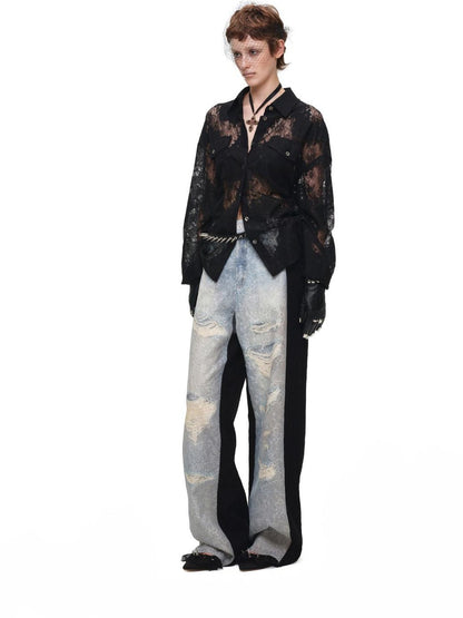 1JINN STUDIO Washed Distressed Spray Print Lace Mid Rise Women&
