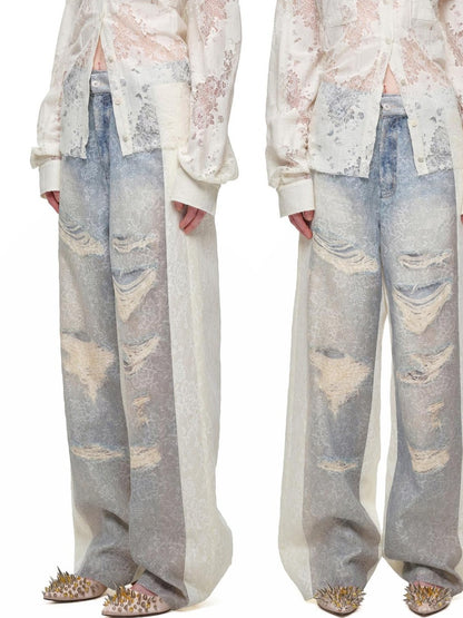 1JINN STUDIO Washed Distressed Spray Print Lace Mid Rise Women&