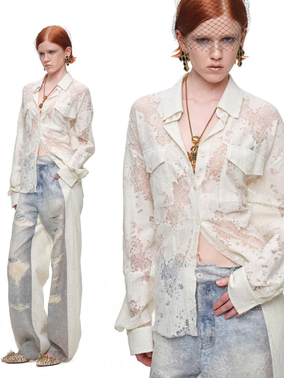 1JINN STUDIO Washed Distressed Spray Print Lace Mid Rise Women&