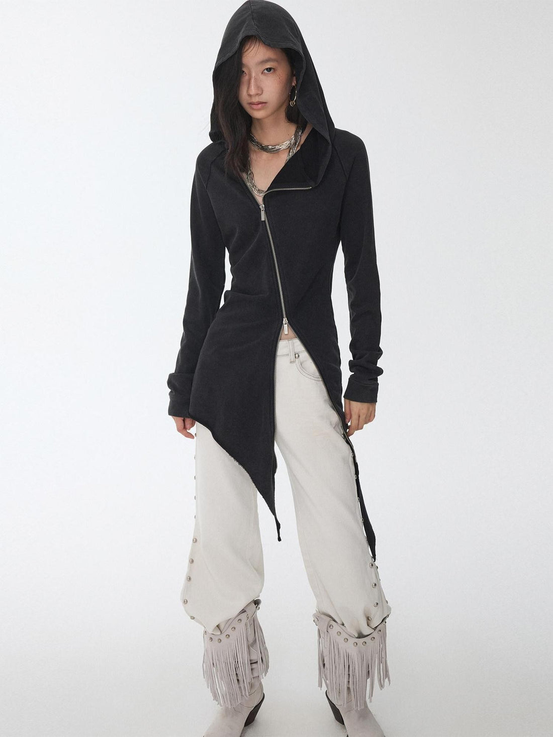 1JINN STUDIO Washed Rhinestone Studded Deconstructed Asymmetric Midi Women&