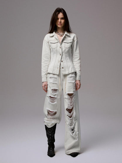 1JINN STUDIO Washed White Ripped Embroidered Low Waist Women&