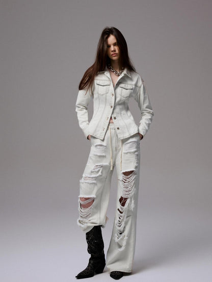 1JINN STUDIO Washed White Ripped Embroidered Low Waist Women&