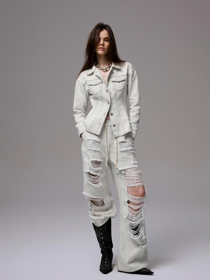 1JINN STUDIO Washed White Ripped Embroidered Low Waist Women&