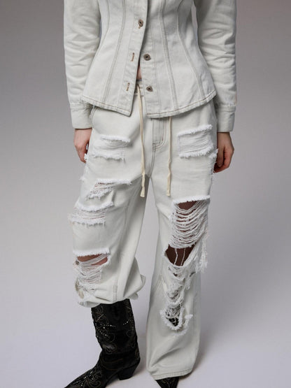 1JINN STUDIO Washed White Ripped Embroidered Low Waist Women&