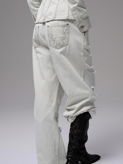 1JINN STUDIO Washed White Ripped Embroidered Low Waist Women&