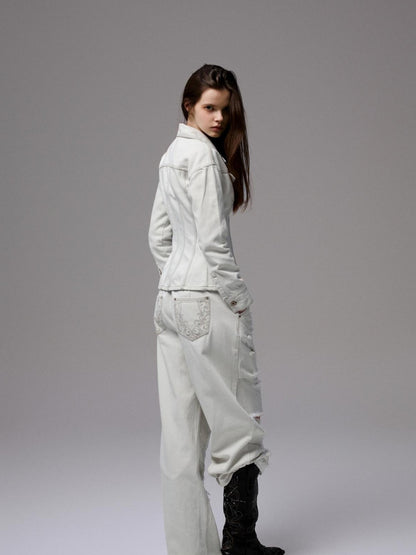1JINN STUDIO Washed White Ripped Embroidered Low Waist Women&
