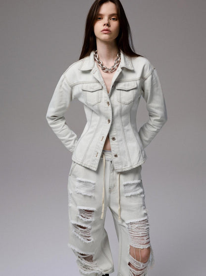 1JINN STUDIO Washed White Ripped Embroidered Low Waist Women&