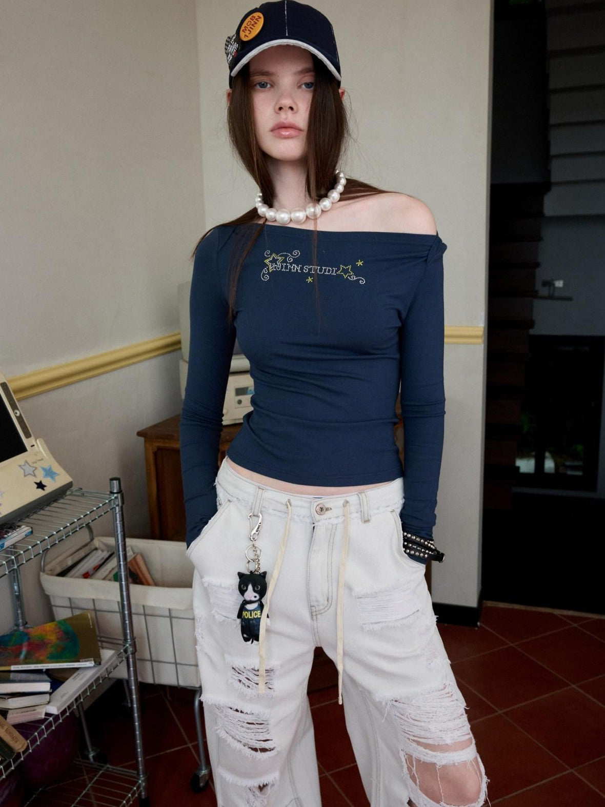 1JINN STUDIO Washed White Ripped Embroidered Low Waist Women&