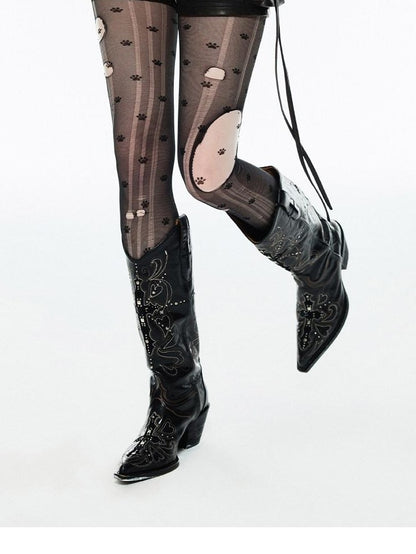 1JINN STUDIO Western Cross Stud Rivet Biker Chunky Heel Women&